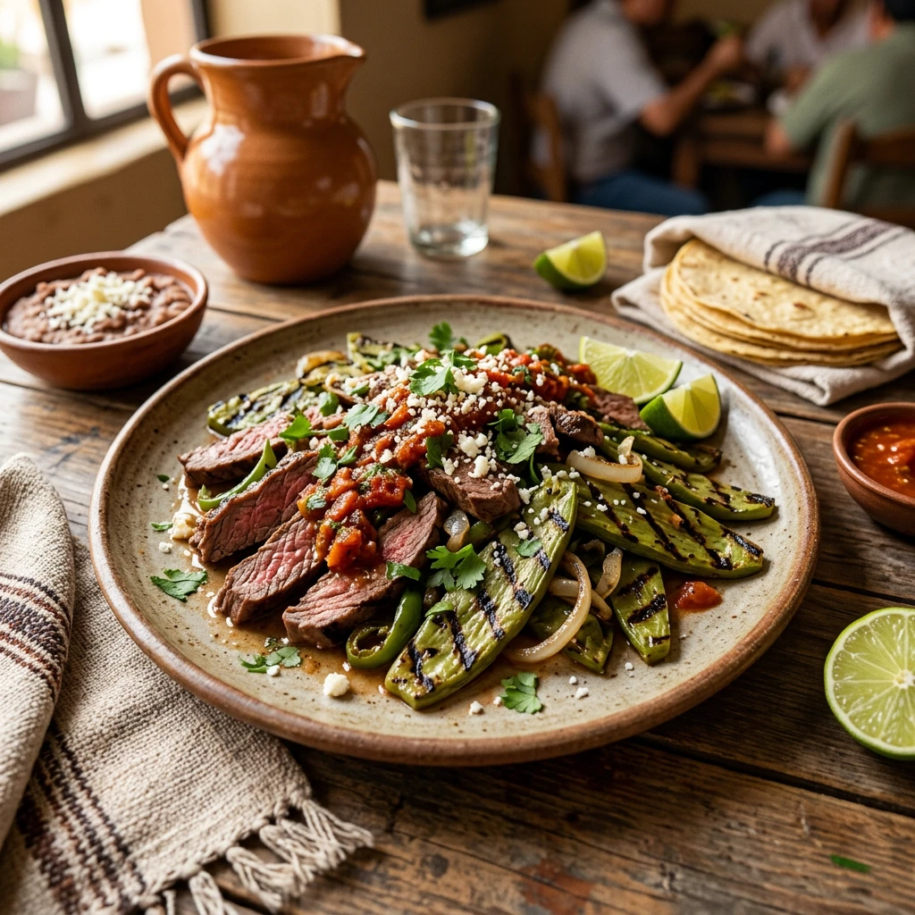 Bistec de Res con Nopales Asados al Comal