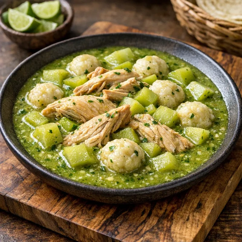 Chileatole Verde de Pollo con Chayote y Masa de Maíz