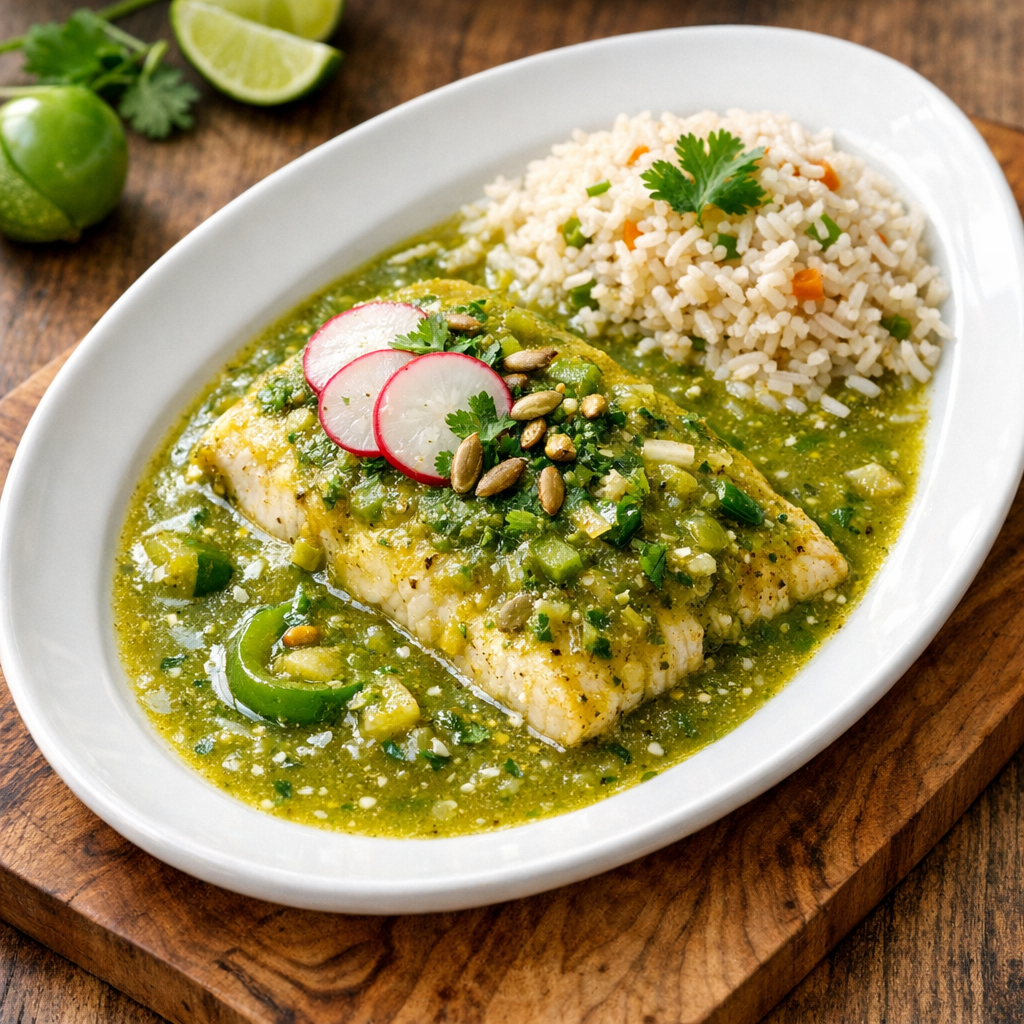 Pescado en Salsa de Tomate Verde con Arroz