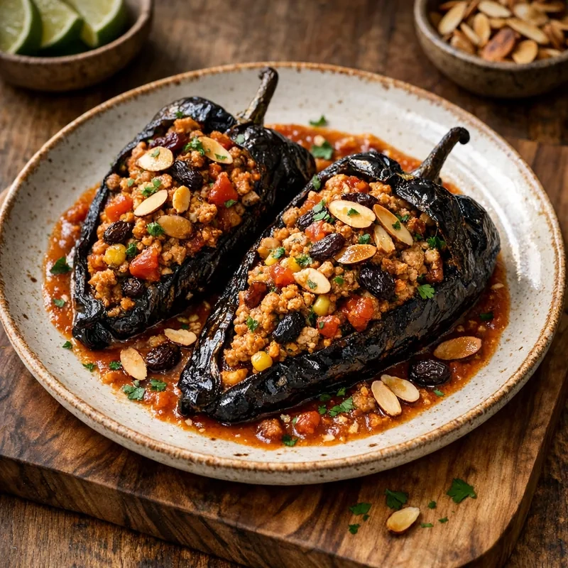 Chiles Anchos Rellenos de Picadillo de Pavo con Almendras y Pasas estilo San Luis