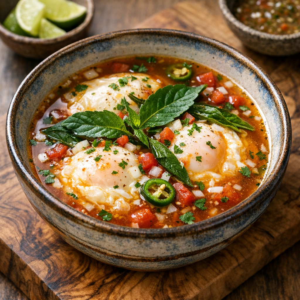 Huevos Ahogados en Caldillo de Jitomate al Epazote