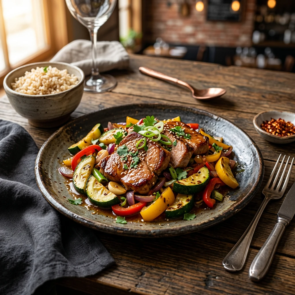 Cerdo Magro Salteado con Calabacita Criolla