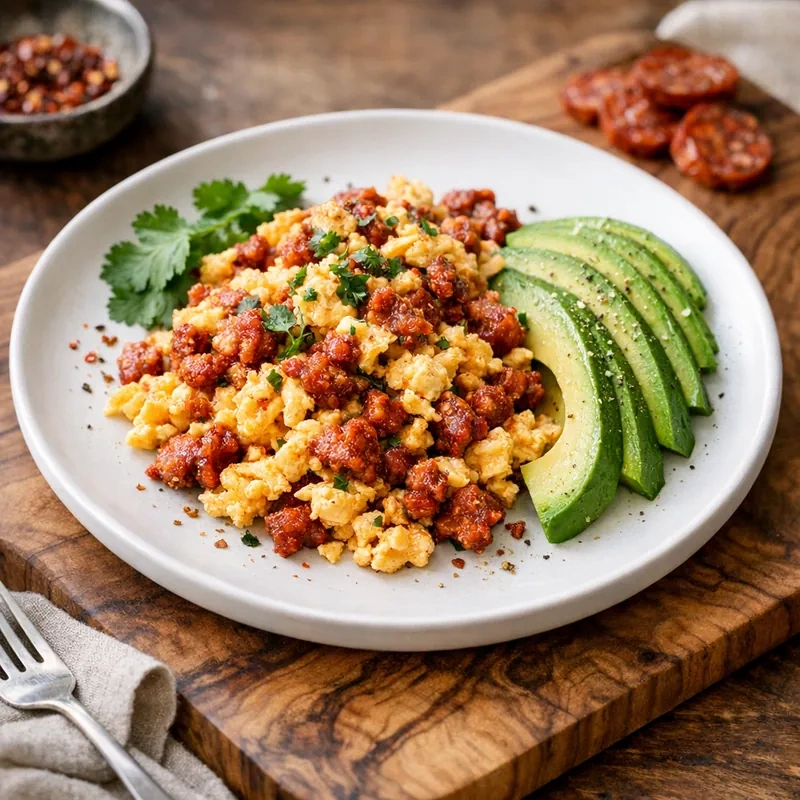 Huevos Revueltos con Chorizo Magro y Aguacate