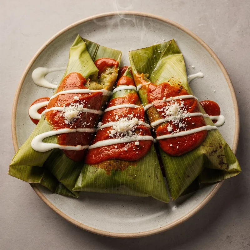 Corundas Michoacanas Rellenas de Queso Cotija con Salsa de Chile Perón y Crema