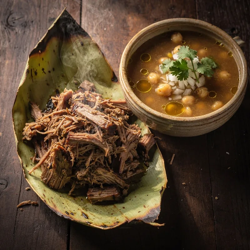 Barbacoa de Borrego estilo Hidalgo con Consomé Clarificado y Garbanzos