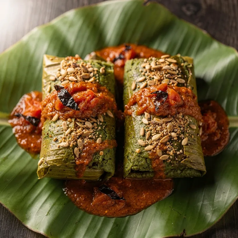 Tamales de Chaya con Pepita de Calabaza y Salsa de Jitomate estilo Tabasco