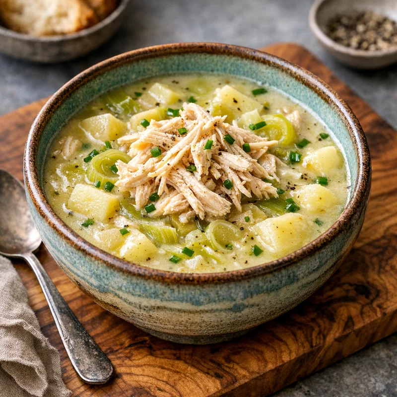 Sopa de Papa y Porro con Pollo Deshebrado