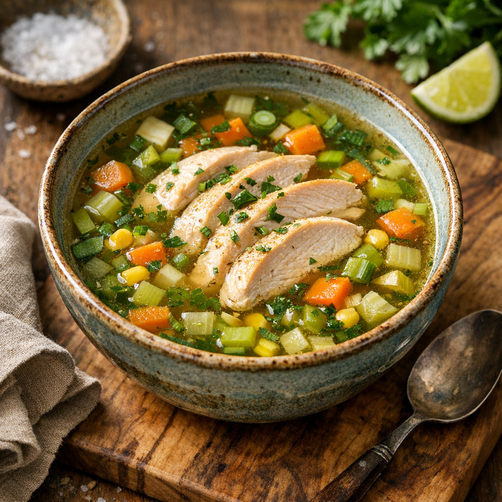 Consomé de Verduras con Pechuga de Pollo