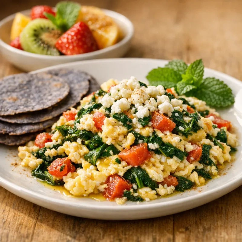 Huevos Revueltos con Espinaca, Jitomate y Requesón