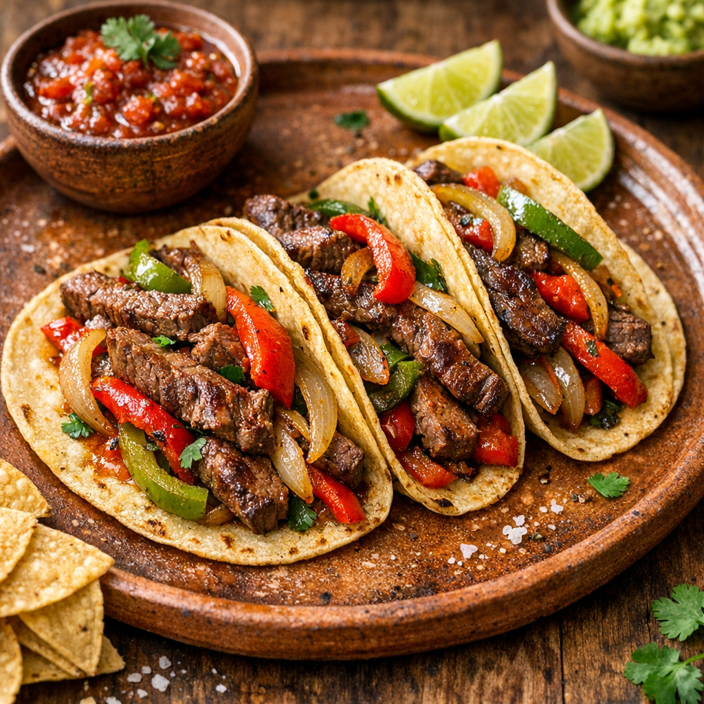 Tacos de Fajitas de Res con Pimiento y Cebolla